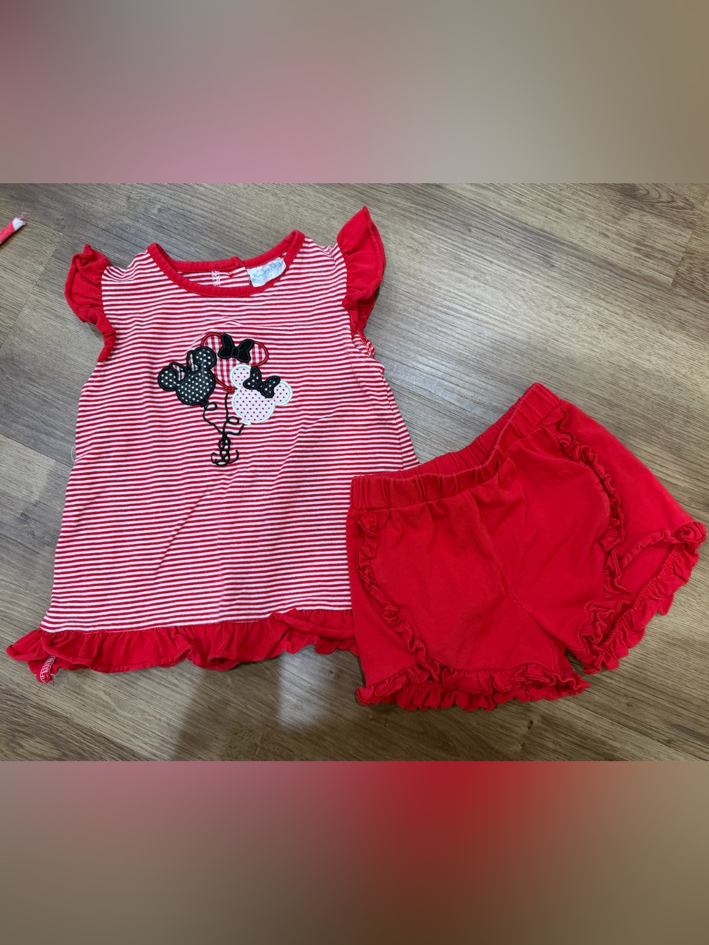 Disney Girls Red Striped Top & Ruffle Shorts Matching Set